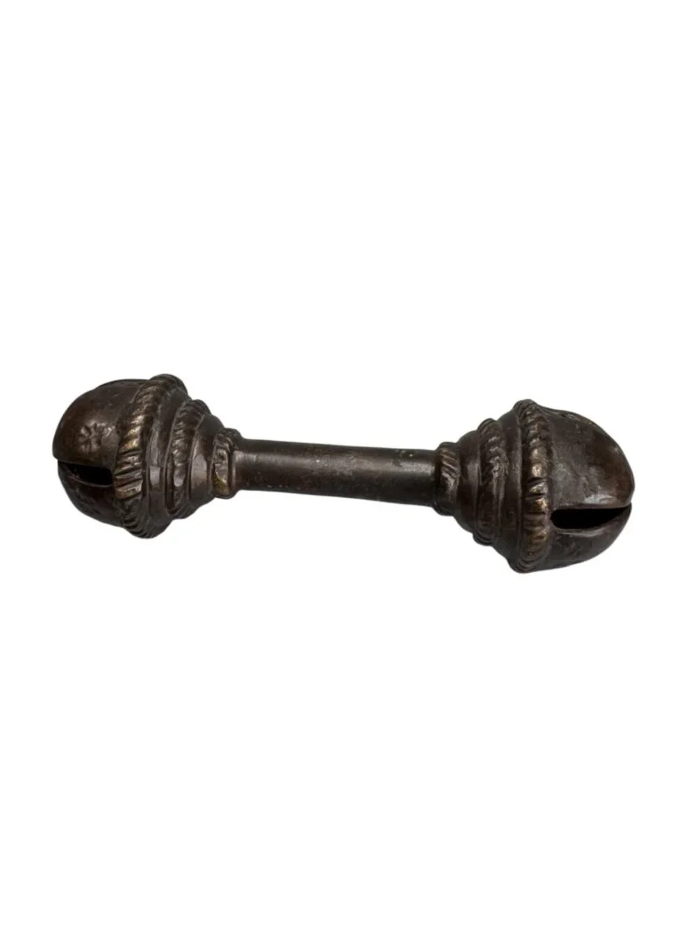 Antique Brass Baby Rattle Double Bell Primitive Nursery Decor 6 Inch 13 Oz - Picture 6 of 10